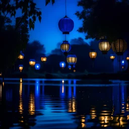 chinese lanterns on a lake, dark blue colours, night time, photo quality