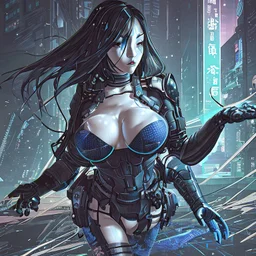 beautiful cyberpunk huge girl, hyperdetailed, illustration by Katsushika Hokusai, darkblue tones,