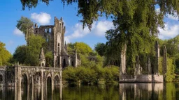 A ruined gothic stone building in a lake, balconies, verandas, arches, bridges, spires, stairs, trees, dense foliage, spanish moss, ivy, blue sky, white clouds