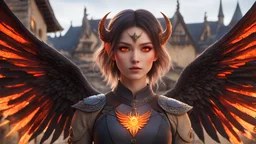 solo, 1girl, demon wings, glowing, third eye, eye on forehead, glowing eyes, orange eyes, skinny, skinny body, female focus, red eyes, solo, wings, (medieval village:1.3), outdoors, (detailed background, depth of field), (intricate:1.1), (high detail:1.2), (soft focus), (masterpiece, best quality, 4k, 2k, shaded, absurd res), hyper realism