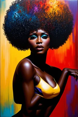 In this futurism oil painting, a stunning black woman is the centerpiece, embodying strength, beauty, and pride. She is depicted bending down gracefully, her body curving elegantly, as she holds her voluminous afro hair in her hands. Her face is adorned with prominent makeup, featuring lush lashes that accentuate her expressive eyes. The canvas is filled with vibrant colors, with the woman's afro hair taking center stage. Each curl is meticulously detailed, with a riot of colors cascading down