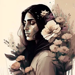 woman, life, freedom, Persian girls, hand-drawn digital art, muted tones, flowers everywhere, REALISTIC