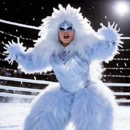 [photo from The Thing (1982)] Demonstrating her growing power as Queen of Winter, La Abominable crystallizes the very air around her, challenging any luchadora to defeat her in the ring;
