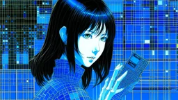 An illustration by Kuniyoshi of a tech-girl inside a digital blue matrix-grid.