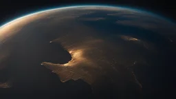 تصوير جوي للأرض من الفضاء، حيث يظهر الكوكب الأزرق الجميل في خلفية مظلمة وغامضة. تتلألأ سطح الأرض بألوانها المتعددة، ويتجلى لمحة من السحب والمحيطات. تنعكس ضوء الشمس بلطف على الجانب المضاء، مشيرةً إلى التنوع والجمال الذي تحمله هذه الكوكبة المعجزة.