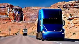 A Tesla semi-truck is racing at top speed, at Petra, in Jordan. CINEMATIC. WIDE ANGLE LENS.