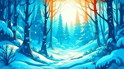 fantasy cartoon style illustration: winter with snow in the wood