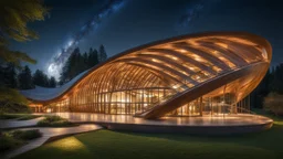 Inspirador, hermoso y elegante edificio ultramoderno de madera entretejido basado en formas de parábola, hélice y espiral, con grandes ventanales, arquitectura artística, sorprendente, ubicación rural, noche, estrellas, luz de luna, luciérnagas, montañas distantes, lago, luz natural suave y perfecta, extremadamente detallada , fotografía premiada, hermosa composición, 16k, HDR, alta calidad, enfoque nítido, fotografía de estudio, obra maestra, Gaudí, Shigeru Ban