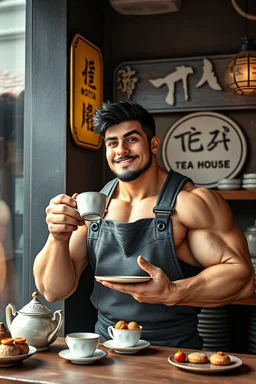 BOYISH CUTE FLUFFY young mechanic man with huge muscles and his top off enjoying high tea by himshelf with little cakes, with large SIGN THAT HAS A title( - FAG - BOI TEA HOUSE)
