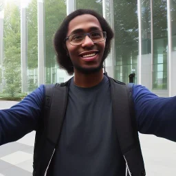 A long haired, black male software engineer taking a selfie in front of Building 92 at Microsoft in Redmond, Washington