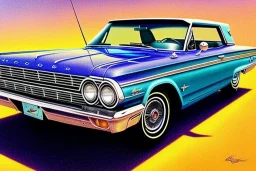 a true-to-life 1963 ford galaxie 500, two-tone paintwork, classic hotrod wheels, pen and color marker, centered, intricate, extreme detailed, photorealism, center view, 1960s suburb background, pivot on ford, painting by cheryl kelley