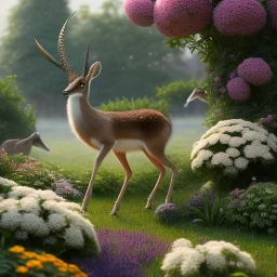 pixar style, volumetric summer garden environment and background, realistic painting of gazelle, looking excited, volumetric lighting, dramatic lighting, detailed digital painting, extreme dense and fine fur, anime, ornate, colour-washed colors, elegant, small minutiae, tiny features, particulars, centered, smooth, sharp focus, renderman gofur render, 8k, uhd, detailed eyes, realistic shaded volumetric lighting, sunlight caustics, backlight, centered camera view