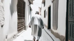 Rear view of an elderly Moroccan walking in a Moroccan alley with white walls