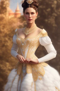 full body shot , beautiful and gorgerous duchess with incredible jewellery in 19th century clothing by fGreg Rutkowski and Artgerm and Emile Vernon and Vladimir Volegov, in a brown dress, mystical castle background, art illustration, natural beauty, muted colors, pastels, perfect fingers, higly detailed, expressive, high detail, symmetrical, digital painting, symmetrical eyes, dynamic lighting, artstation, cinematic lighting, intricate artwork, emitting diodes, smoke, artillery, sparks, racks, s