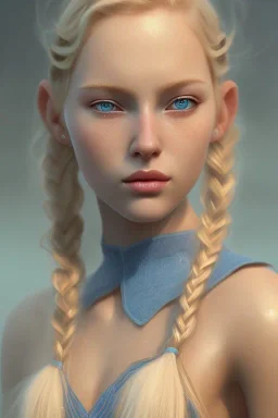 girl, cute, beautiful, blonde hair, braided hair, one braid, blue eyes, big eyes, pale skin, blue dress, ice dress, long eyelashes, pink lipstick, thin lips, small nose, semirealistic, 8k resolution concept art portrait by Greg Rutkowski,