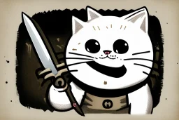 Cat smiling with a bloody knife. Illustration.