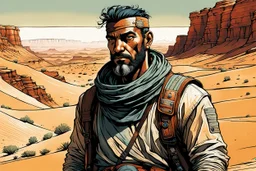 create a front facing, full body portrait illustration of an otherworldly lost nomadic wanderer with highly detailed, sharply lined facial features in a shadowed canyon lands of oblivion in the comic art style of Enki Bilal, precisely drawn, boldly inked in arid desert colors