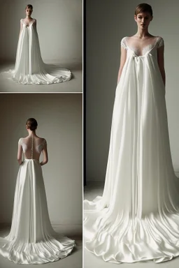 White silk and long lace wedding dress Photorealistic