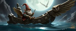 a blonde fluffy gnome quickling kobold gremlin that looks like the opposite of a vampire in bunad leaning on statue of twister interdimensional sci fi boat gliding through space waters under the biggest owl