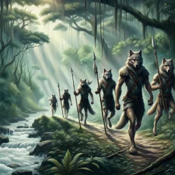 wolf body hair straight walking eight anthropomorphic wolf man hybrid human two with spears in their paws go one after another by pathway in jungle, in the further away a river flows in jungle near the trees, rain, very thick-trunk trees and jungle vegetation, near to them flows a fast river, dark colors, high realistic, 3d, digital art, detailed, cinematic, sci-fi, fantasy mood