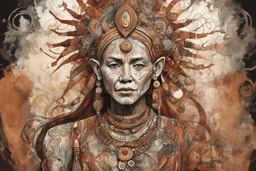 create an abstract expressionist full body illustration of a deeply spiritual, ethereal, darkly magical, epic aged nomadic tribal matriarch with highly detailed and deeply cut facial features, searing lines and forceful strokes, precisely drawn, boldly inked, with rich striking earth tone colors