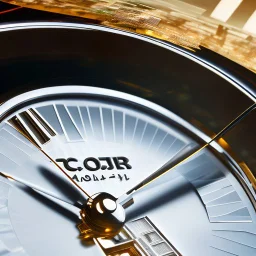 very close up of a big wrist watch stands on table in balcony skyscraper camera looks at modern city environment reflected image , watch glass is dark mirror,centered.