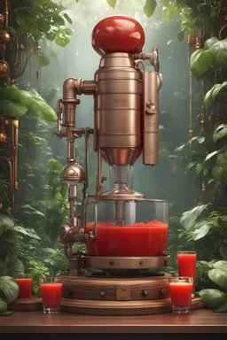 Realistic 3D rendered juicer in steampunk background style, front view, shinny bronze, cogs, tap with liquid flow, liquid tap, wooden chamber, wooden handle, analog gauges, fresh red juice, ivy plants, rainforest jungle vibes, hydrolic system, futuristic, simple and clean, 8k post-production, artstation: award-winning: professional portrait: atmospheric: commanding: fantastical: clarity: 16k: ultra quality: striking: brilliance: stunning colors: amazing depth