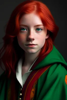 A girl with red hair and green eyes and she is wearing a Hogwarts robe