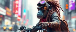 wall poster of transparent biker woman monkey weasel rasta man with cute fur, in big cyberpunk city crossover, volume light and motion blur, airbrush and pen outline