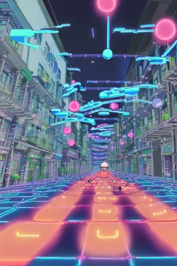 A kinetic still from a chase scene in Gastown, showing Yui and Toshi navigating through a maze of unpredictable, odd tech. Unstable portals open and close randomly, buildings shift and transform in real-time, and drones with morphing geometries pursue them. The neon-lit, chaotic tech-scape adds a surreal dimension to their escape.