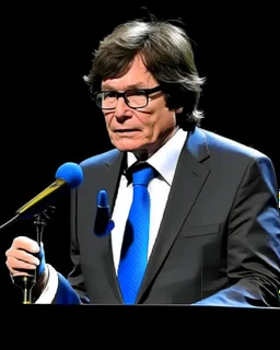 Caricature of Javier Milei, president of Argentina, with glasses, reading at a lectern with a microphone, before the pulication. Behind Javier Milei there is an Argentine flag. Colors of the image, red, black and white