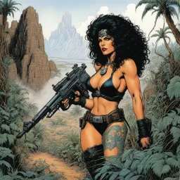 #5 Original coloured Art by Sam Keith and Bernie Wrightson Vortex Comic, 1988: tattooed Julie Strain in action, standing in the middle of the badlands jungle surrounded by luxuriant flora - Heavy Metal F.A.K.K.2 her machine-gun in hand