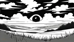 floating eye, anime, monochrome, black background, ink, simple, maximum quality, broken hinge, barely functioning, centered on frame, far view, in the middle of a grassy hill, white sky with cumulonimbus