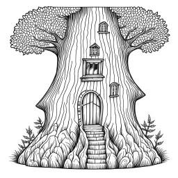 A fairy house carved inside a tree trunk, exact shape, real image, minimal lines, white back ground color, real style, realistic, minimalistic, minimal black line art, line art, crisp line art, unique coloring sheet, outlined, outline, crisp, crisp line edges, illustration, thin lines, crisp clear lines, line art, clean line art, unique, 8k, no colors, no dark color, no black color, avoid thick black, minimalistic line edges, pure white back ground,