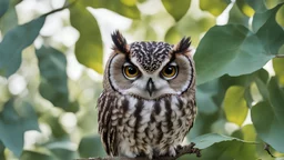 a small owl behind the leaves of a tree