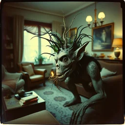 Close-up polaroid of ultra realistic odd monster, part man, part plant, and part animal in a living-room, vivid, ultra realistic, Egon Schiele, hypermaximalist figures, light, Italian 1970's odd movie, hilarious, fine art, Minicavio Quollati style, photography by Marlost Endgulp, dark atmosphere, obsessive, 4k, sharp focus, 3d, photorealism