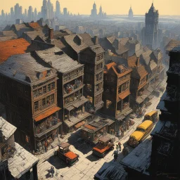 [poster by Bernie Wrightson] the vibrant streets of a city with a long history seen from above: old shops and buildings to skyscrapers