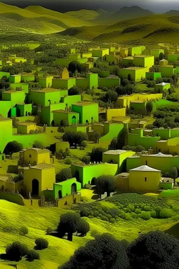 An olive green village with sword shaped houses designed in Moroccan rug art painted by Gustav Klimt