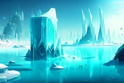 ice blocks, lagoon, seashore, distant futuristic city, epic, sci-fi