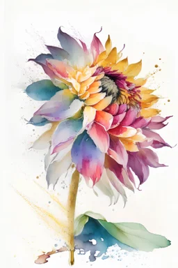 watercolor painting of a dahlia, on a white background, with a splash of mixed colors, sharp detail