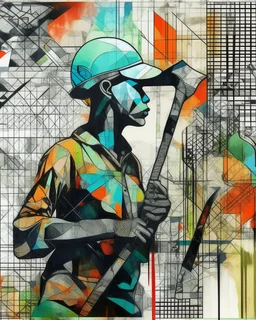 an extreme abstract acrylic and ink and battered paper photo collage poster of a heavily stylized factory worker holding a hammer, an unexpected arafed improbability with a checkered juxtaposition, liminal space, tribal patterns, memories of negative space, amazing reflections, amazing curves, amazing transparency, split vibe, double exposure influence, heavy zigzag vibe, semi-side view, afrofuturism