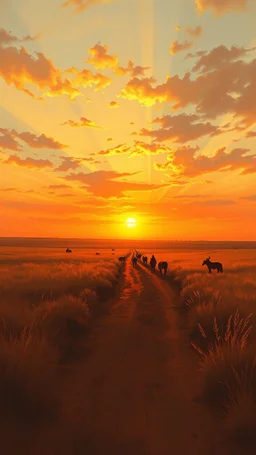 dirt path with sunset in the prairies, old western, painting based on grainy photo, orange brown tones