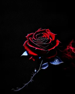 Deep red rose, black background, linear shapes