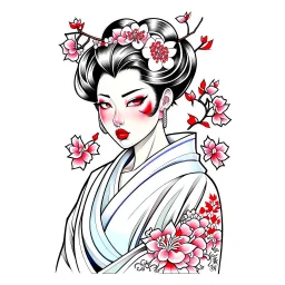 Tatto design Neotraditional style , Geisha with a Cherry Blossom Kimono, white background, tatto style, different angle