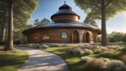 woodland path leads to large round cylindrical circular wooden church building, glass conical roof, hobbit style, sunshine, flowers, peaceful, beautiful lighting, attractive composition, photorealistic, extremely detailed, chiaroscuro, rule of thirds, award-winning photograph