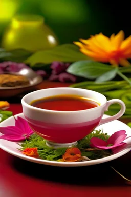 A steaming cup of herbal tea, infused with the vibrant colors of a blooming garden, beckons you to take a sip and be transported to a world of relaxation and rejuvenation.