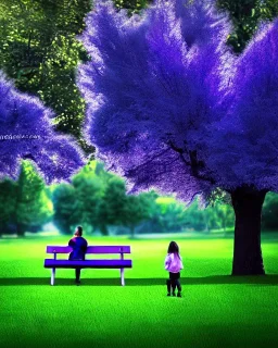 park mystical dream, park bench, man, woman, child, dog, pretty blue and purple trees, blue path, bird, jogger, sunshine, mystical, fantasy, romanticism, digital art, movie poster, cinematic, cinematic lighting, award-winning, beautiful colors, hyper realistic, daylight, daytime, modern, pixia, blender render, vibrant, high resolution, 8k,