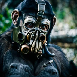 Nature photography, Cyborg Ape, breathing device, gas mask, respirator Christopher Nolan, Dystopian, Extreme depth of field, bokeh blur, Alberta, all-natural, in the style of candid, imperfection, natural lighting, Fuji Film, Anamorphic lens