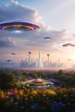 ufo rainbows, cité cristal très futuriste ultra moderne, ufos fleet, intergalactic, dômes de cristal, beautiful gardens , flowers
