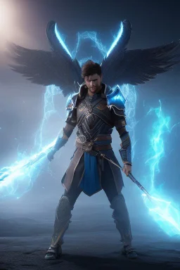 a person in runic armor with blue wings, blue short hair, runic tattoo and spell book, male